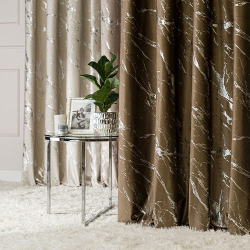 MARMA Zasłona gotowa na taśmie, 140 cm x 250 cm, kolor brązowy ze srebrnym nadrukiem