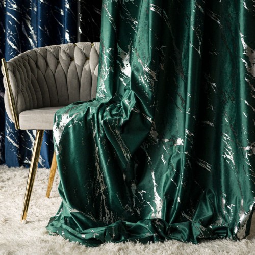 MARMA Zasłona gotowa na taśmie, 140 cm x 250 cm, kolor ciemny zielony; butelkowy ze srebrnym nadrukiem