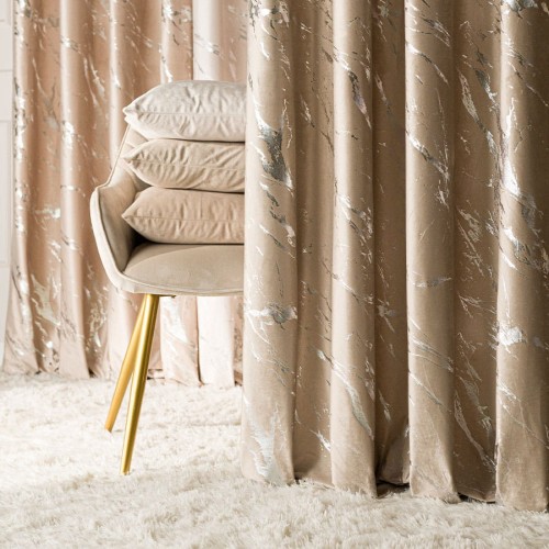MARMA Zasłona gotowa na przelotkach, 140 cm x 250 cm, kolor ciemny beżowy ze srebrnym nadrukiem