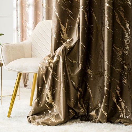 MARMA Zasłona gotowa na przelotkach, 140 cm x 250 cm, kolor brązowy ze złotym nadrukiem